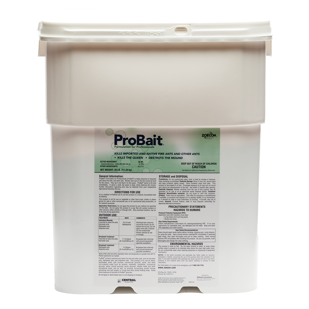 A 25lb jug of ProBait® Ant Bait. White jub with green logos.