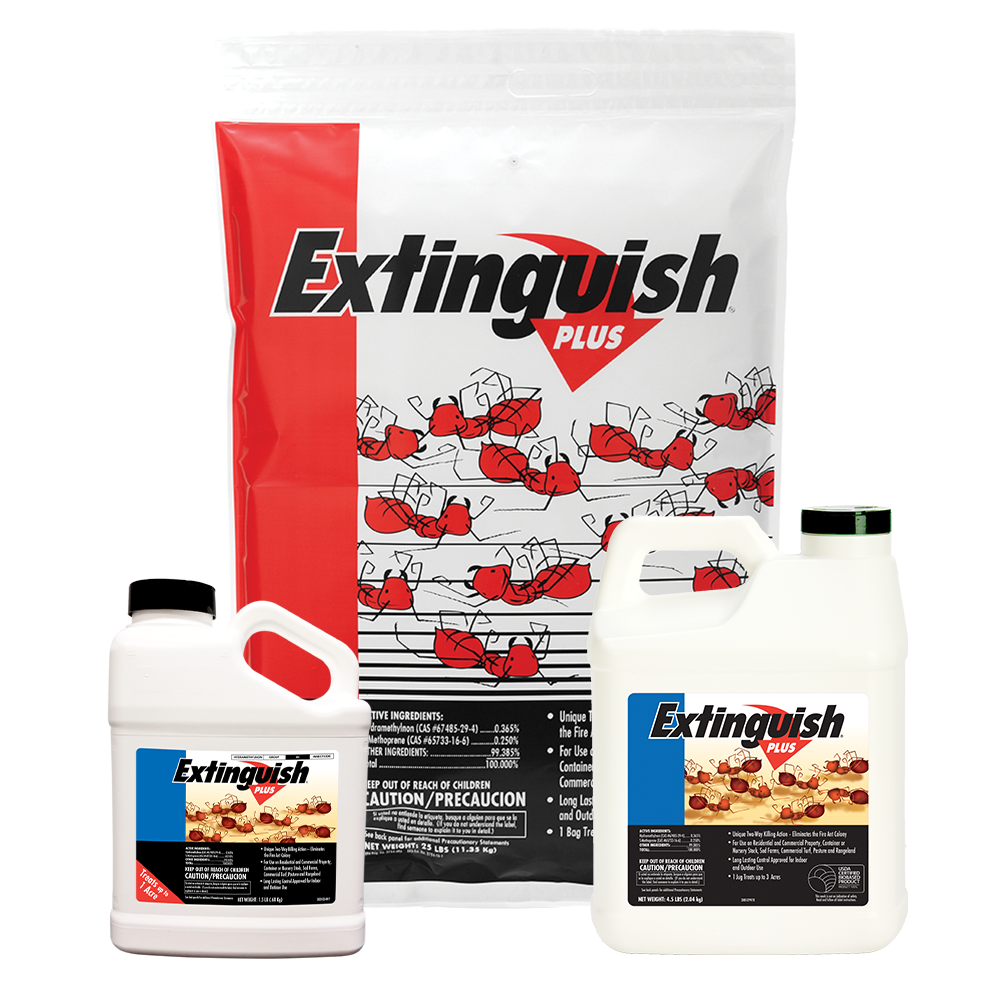 A white bag of Extinguish® Plus Fire Ant Bait has a red arrow and cartoon red fire ants on the front. Next to the bag are two jugs of Extinguish® Plus.