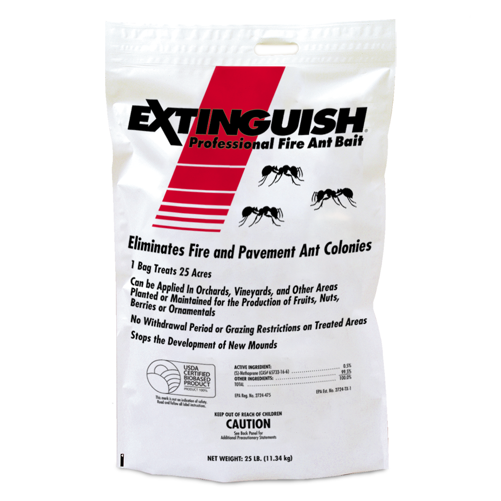 A white bag of Extinguish® Professional Fire Ant Bait has a red slash with three ants on the front.