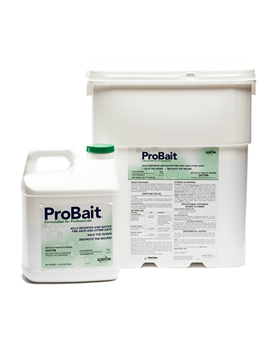 A jug and tub of ProBait® Ant Bait sit next to each other. They both are white with green logos.