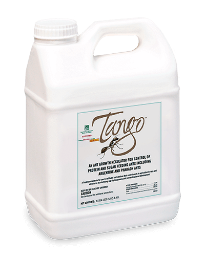 A white jug of Tango™ has a logo with a black ant and cursive writing.